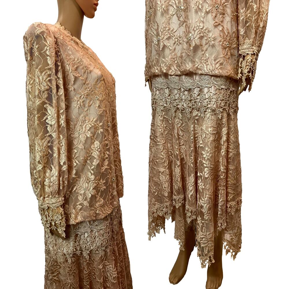 Vintage 80s Lace Bridal Dress Champagne Romantic Victorian Drop Waist - Picture 6 of 14